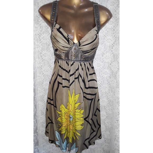 NWT Sky Sz Med Silk and Leather Gladiator Style Empire Waist Dress - Picture 10 of 10